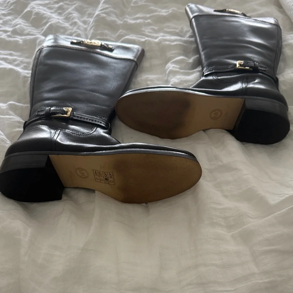 Michael Kors Black and Brown Leather Boots with Gold Accents - Picture 4 of 5